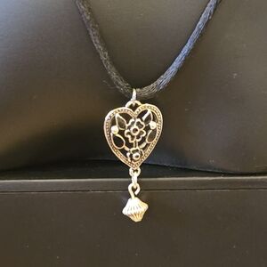 Vintage Filigree Silvertone Heart Pendant On Satin Rope